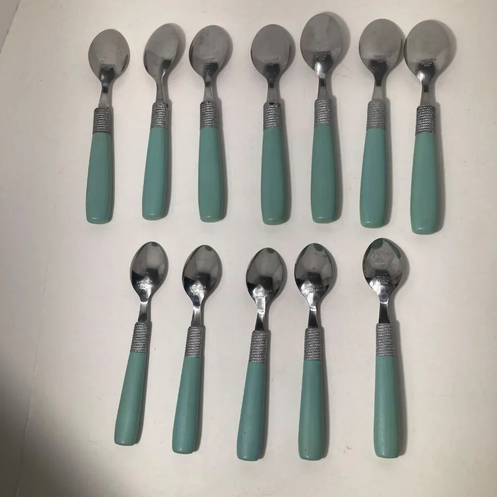 Vintage Cambridge Dinner Spoons Green Stainless Flatware Plastic Handle 7 TBS, 5